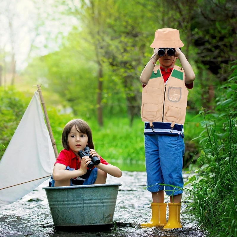 Outdoor Adventure Boys - ชุดซาฟารีพร้อมเสื้อกั๊กและหมวก, ชุดนักสำรวจสำหรับเด็กชายและเด็กหญิง, ชุดเล่นบทบาทสมมติสำหรับการผจญภัยกลางแจ้งในสวนสาธารณะ